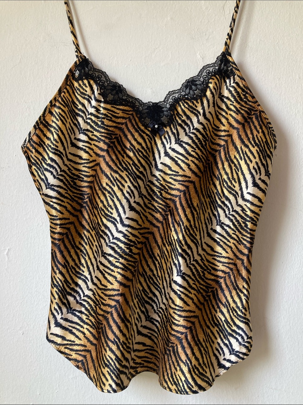 Vintage 90s Y2K Satin Lace Tank Top Tiger Print S